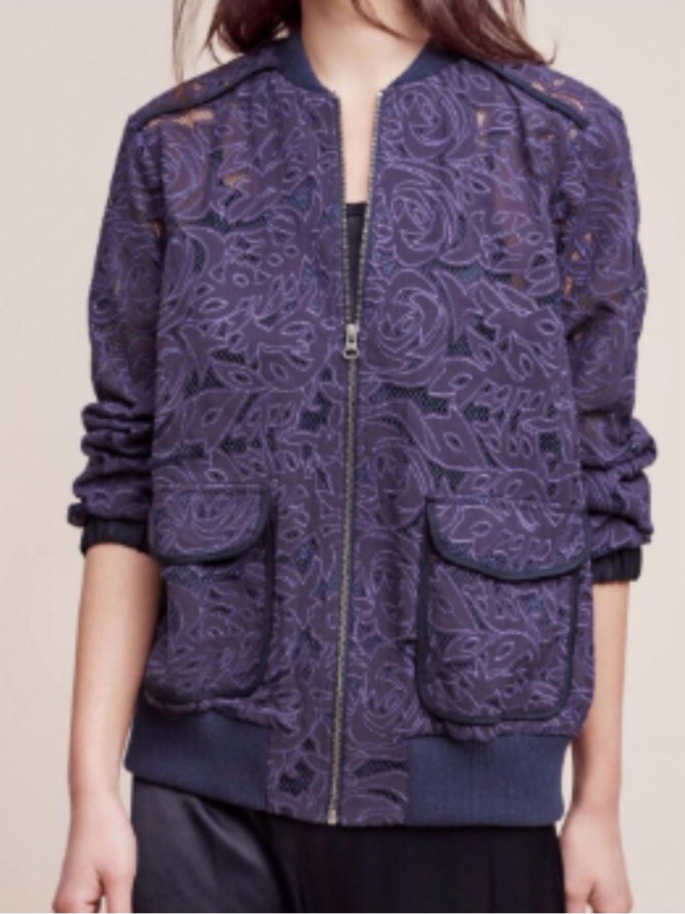 Anthropologie Elevenses Miranda Lace Bomber Jacket, Purple - Womens Medium